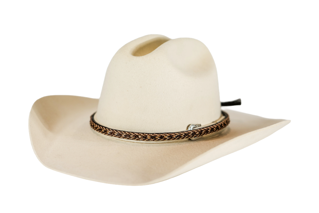 A cream-colored cowboy hat with a brown braided band and a small silver buckle, shown against a plain white background.