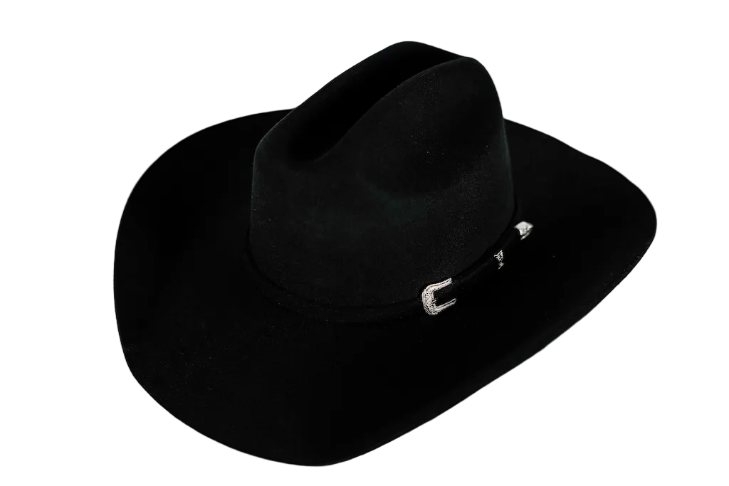 A black felt cowboy hat with a silver buckle detail on the side, displayed on a clean white background.
