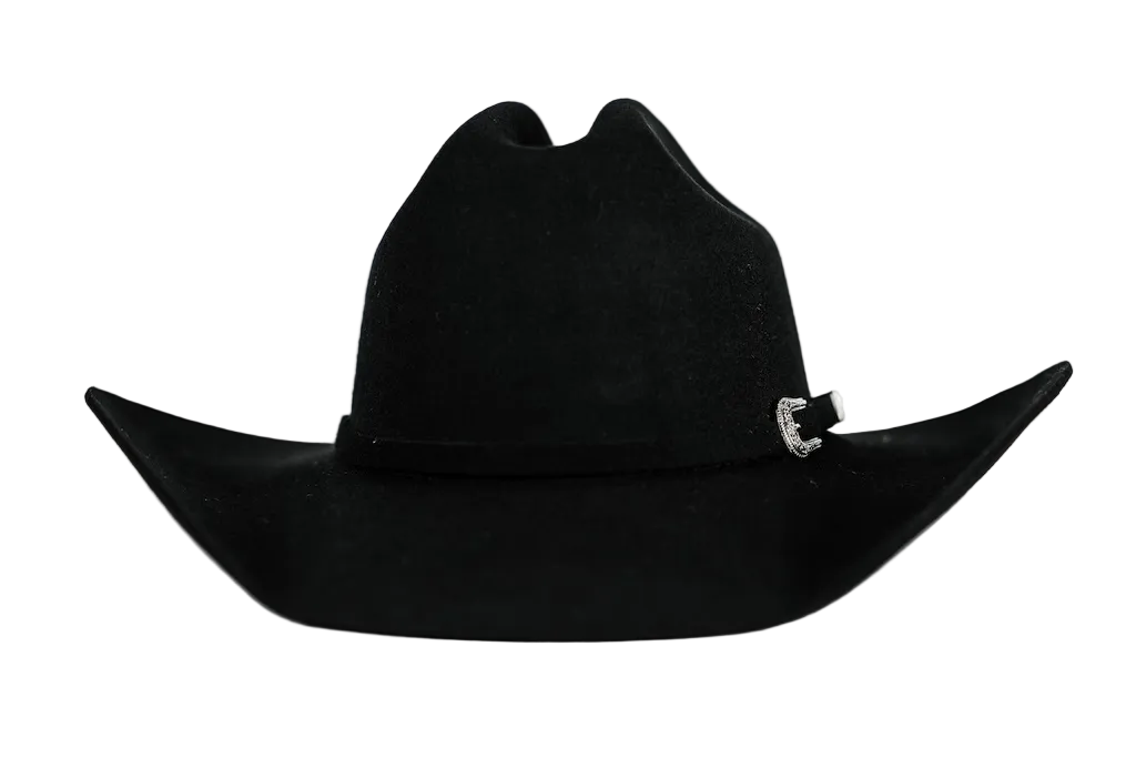 A black cowboy hat with a small silver decorative buckle on the side, photographed against a plain white background.