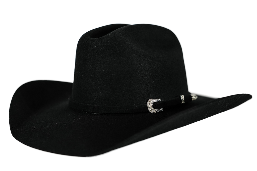 A black cowboy hat with a wide brim and a black band featuring a silver rhinestone-embellished buckle, shown against a plain white background.