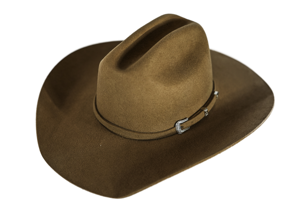 A brown felt cowboy hat with a silver-toned decorative buckle on the band, shown against a plain white background.