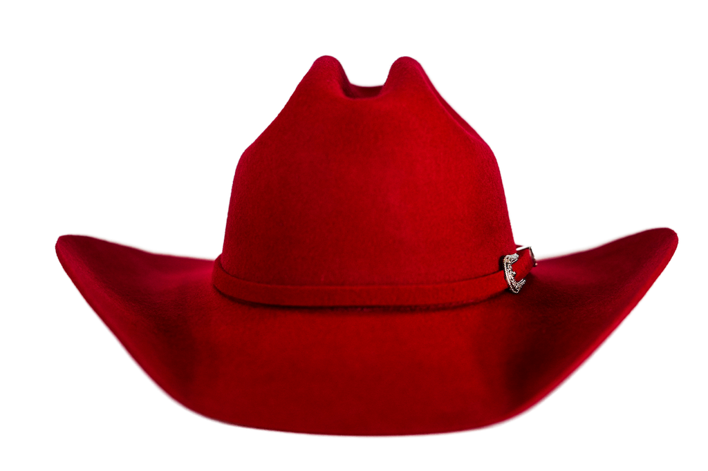 A classic cowboy hat in a rich rust-brown color, featuring a small silver buckle on the side band, isolated on a white background.