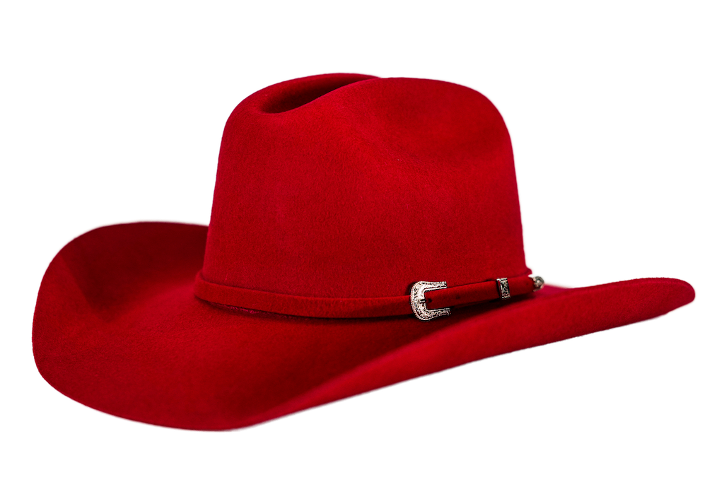 A classic cowboy hat in a rich rust red color, featuring a matching band with a silver-colored decorative buckle, set against a plain white background.