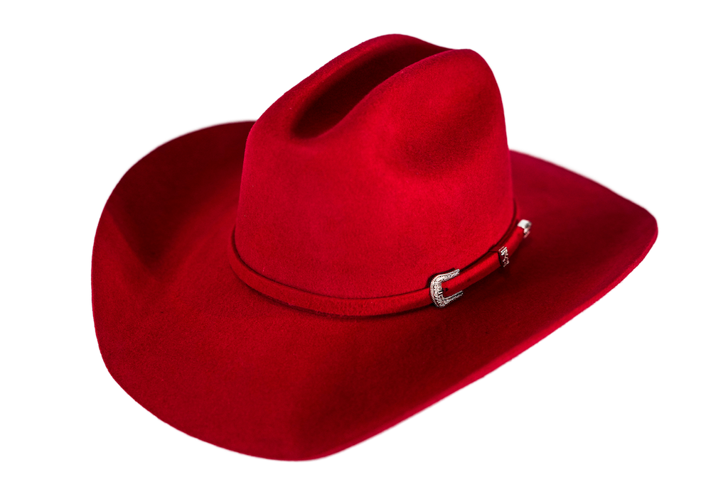 A classic cowboy hat in a rich reddish-brown color, featuring a matching band with a silver-colored buckle, isolated on a white background.