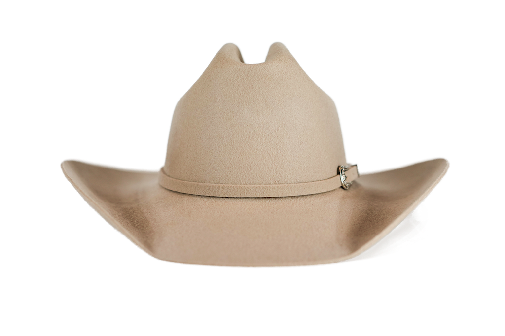 A light taupe cowboy hat with a matching band and a small silver buckle, shown from the front on a white background.