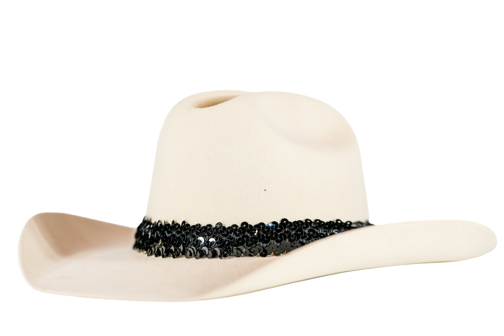 A light beige cowboy hat featuring a wide black sequined band around the crown, shown against a plain white background.