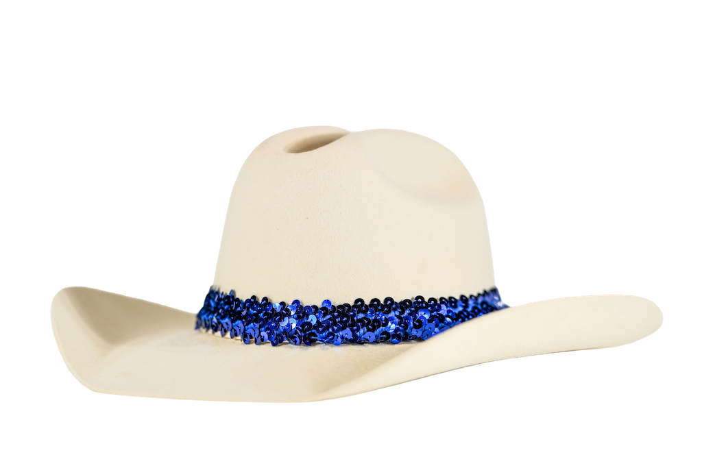 A cream-colored cowboy hat featuring a vibrant blue sequined band around the crown, shown against a plain white background.
