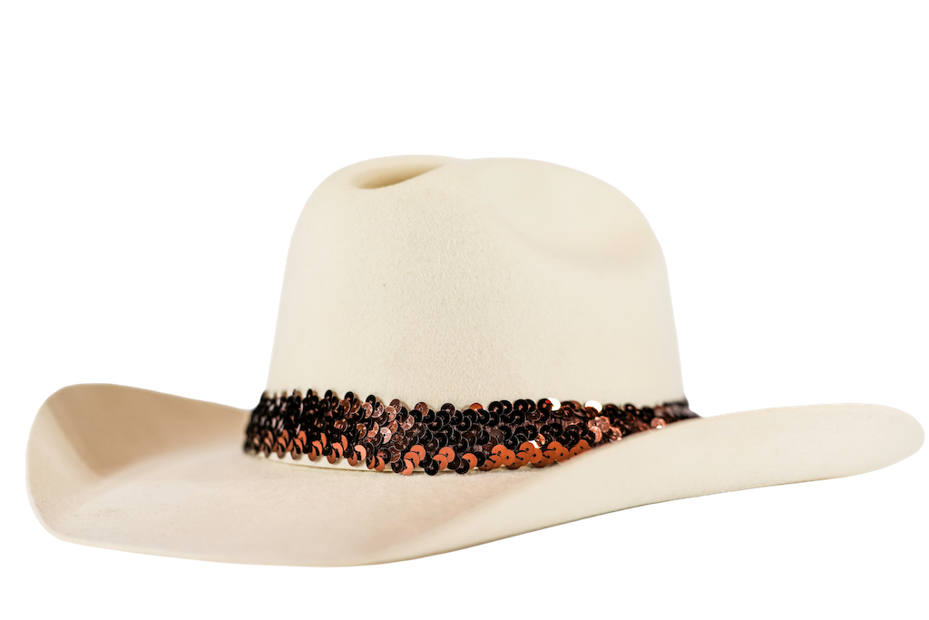 A cream-colored cowboy hat featuring a decorative band of dark brown and copper sequins around the crown, set against a plain white background.