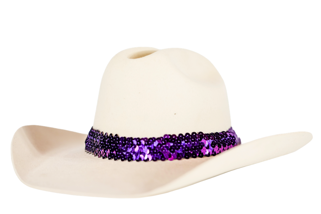 A cream-colored cowboy hat featuring a wide band of purple and black sequins around the crown, set against a plain white background.