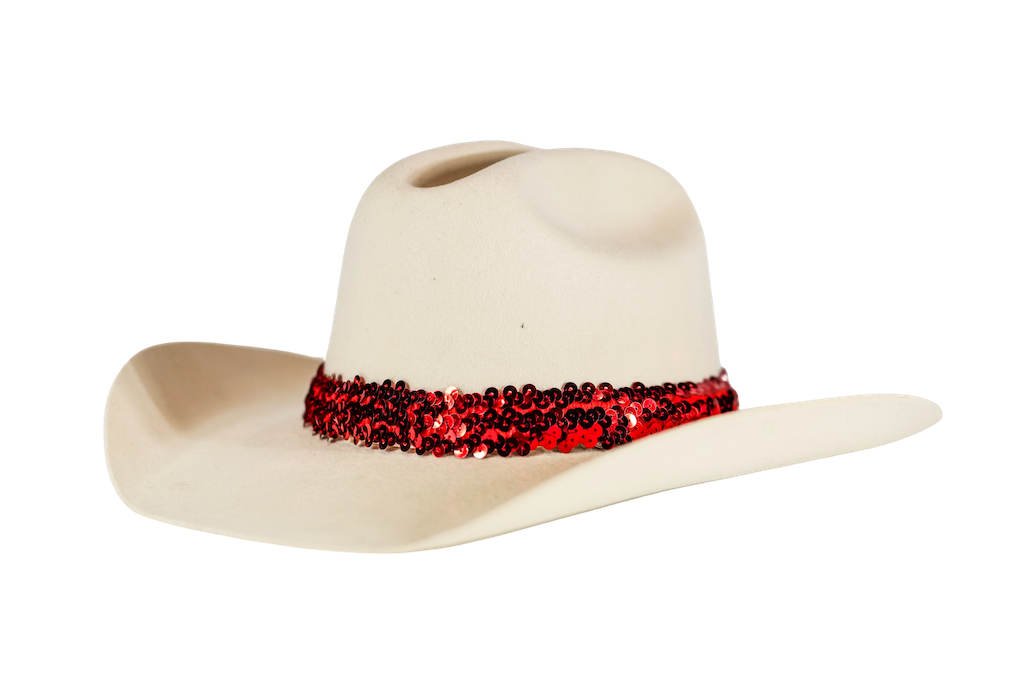 A cream-colored cowboy hat featuring a vibrant red sequined band around the crown, set against a plain white background.