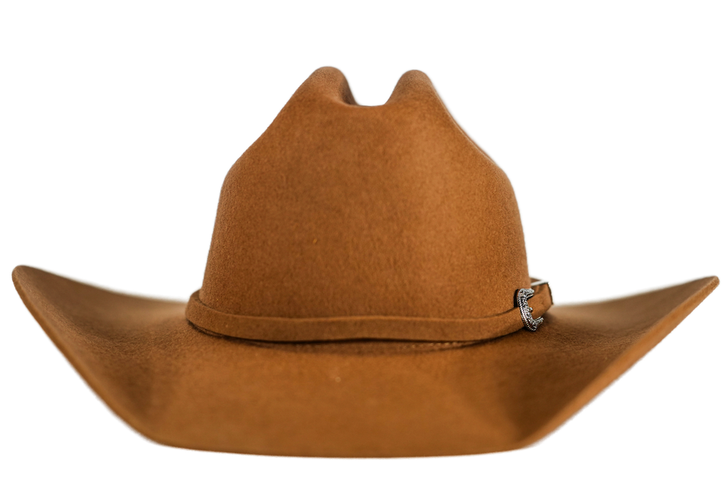 A classic brown felt cowboy hat with a matching band and a small silver buckle, shown against a plain white background.