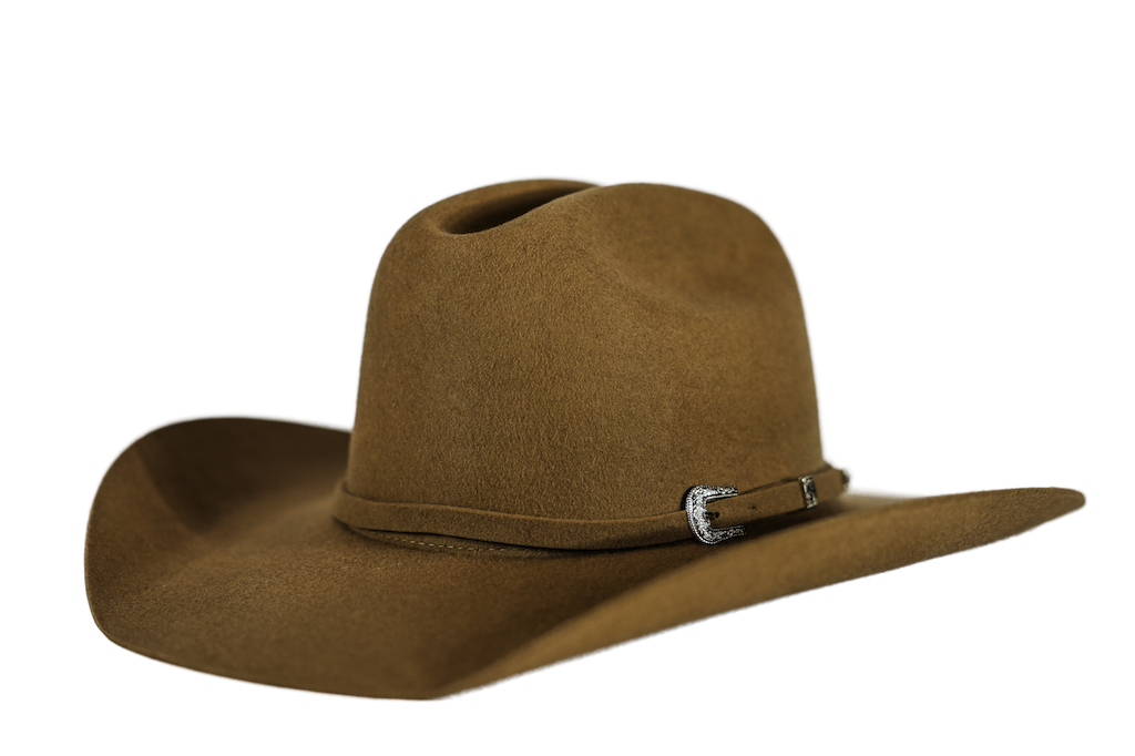 A brown felt cowboy hat with a matching band and a silver-toned decorative buckle, shown against a plain white background.