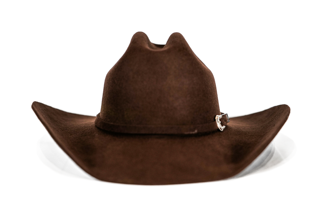 A dark brown felt cowboy hat with a small silver buckle on the side, displayed against a clean white background.