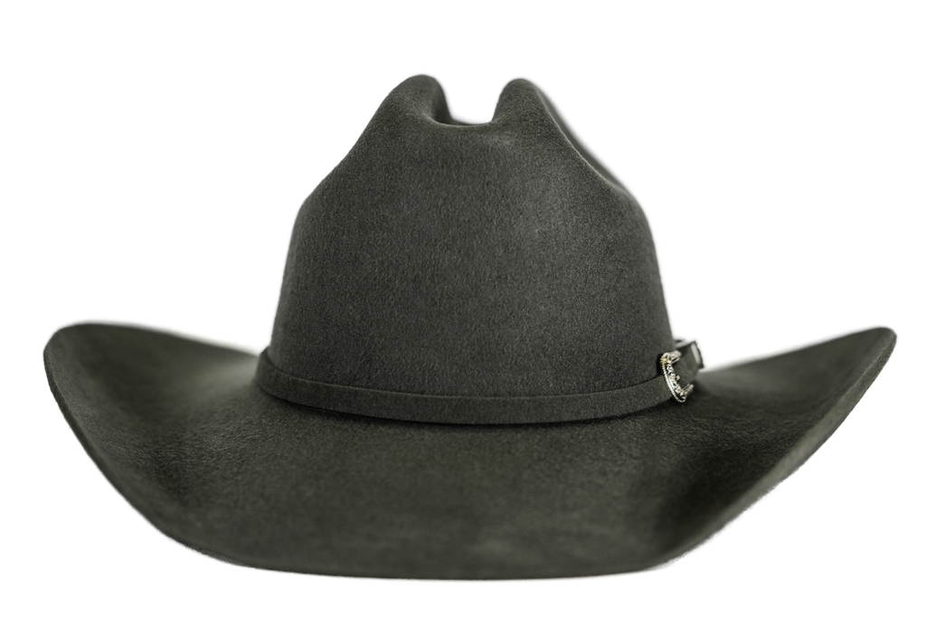 A black felt cowboy hat with a small silver buckle on the side, shown against a plain white background.