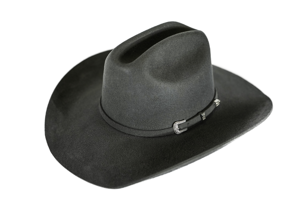 A black felt cowboy hat with a matching black band and silver buckle, shown on a plain white background.