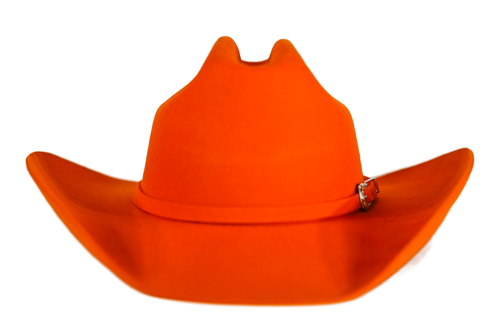 A bright orange cowboy hat with a small silver buckle on the side, shown against a plain white background.