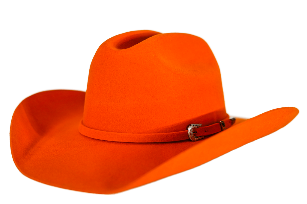 A classic cowboy hat in a warm burnt orange color, featuring a matching orange band with a silver buckle, set against a plain white background.