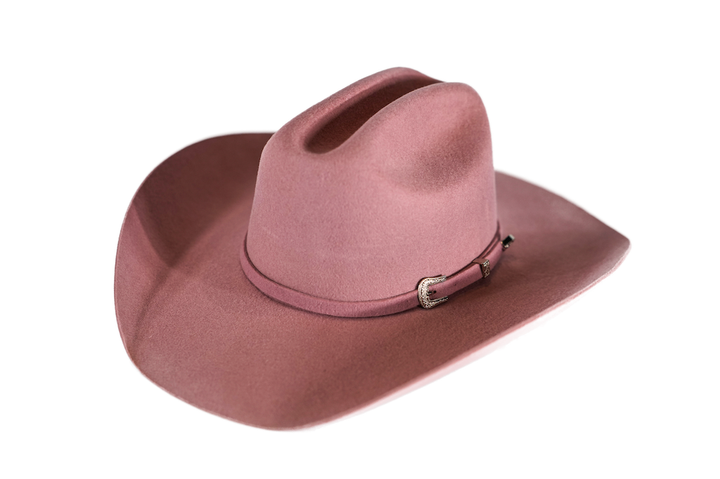 A brown felt cowboy hat with a matching band and silver buckle, shown on a plain white background.