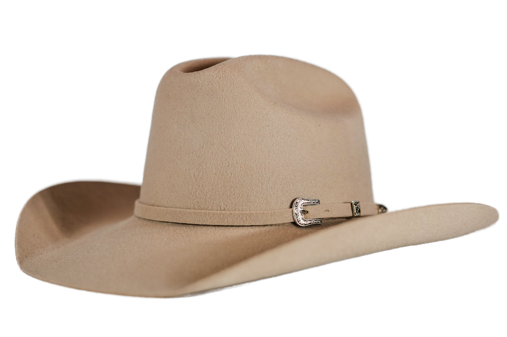 A light tan felt cowboy hat with a matching band and a silver-colored metal buckle, shown against a plain white background.